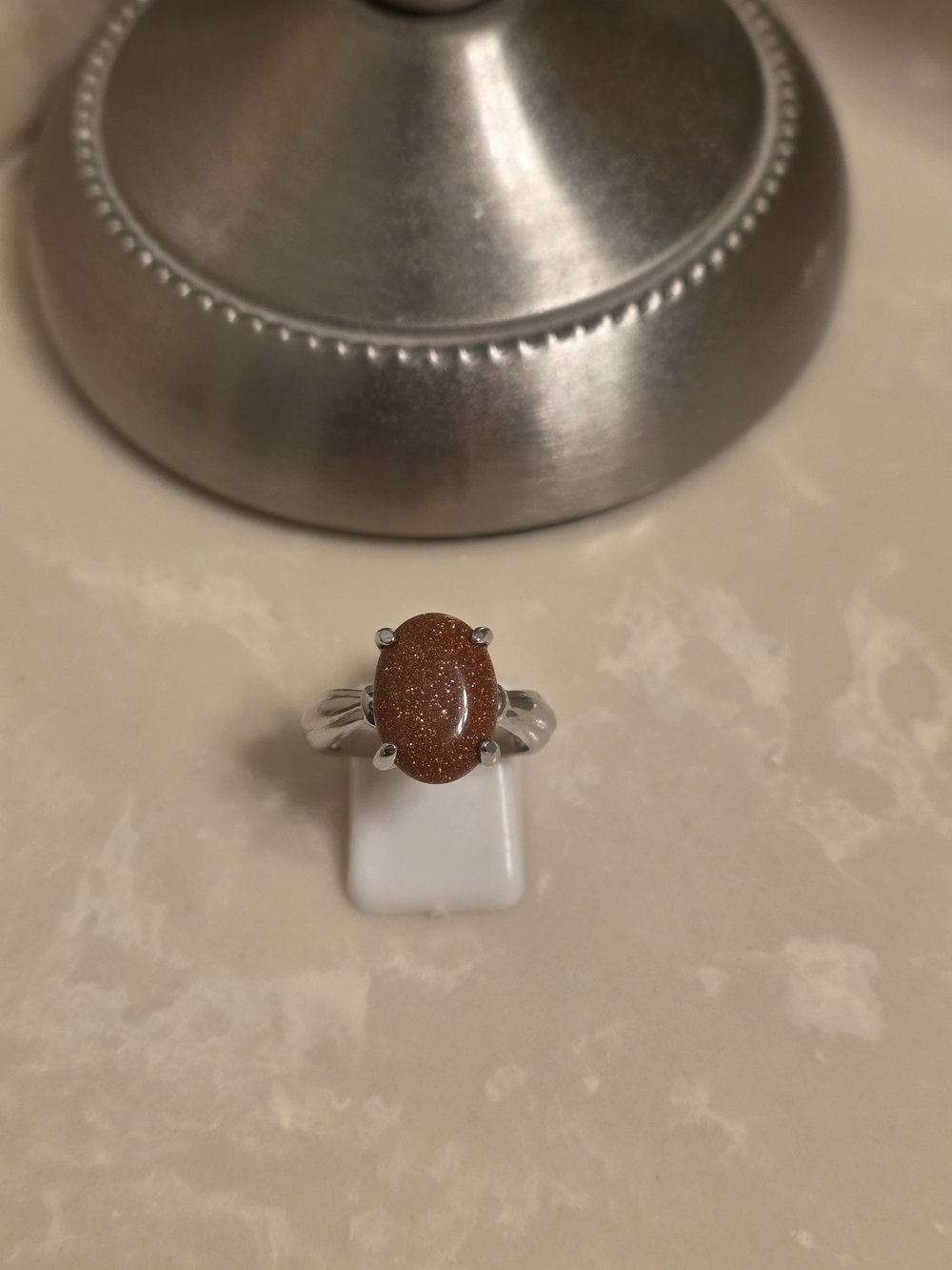 Silver Amber Fire Glitter Nature Stone Ring Size 7.5